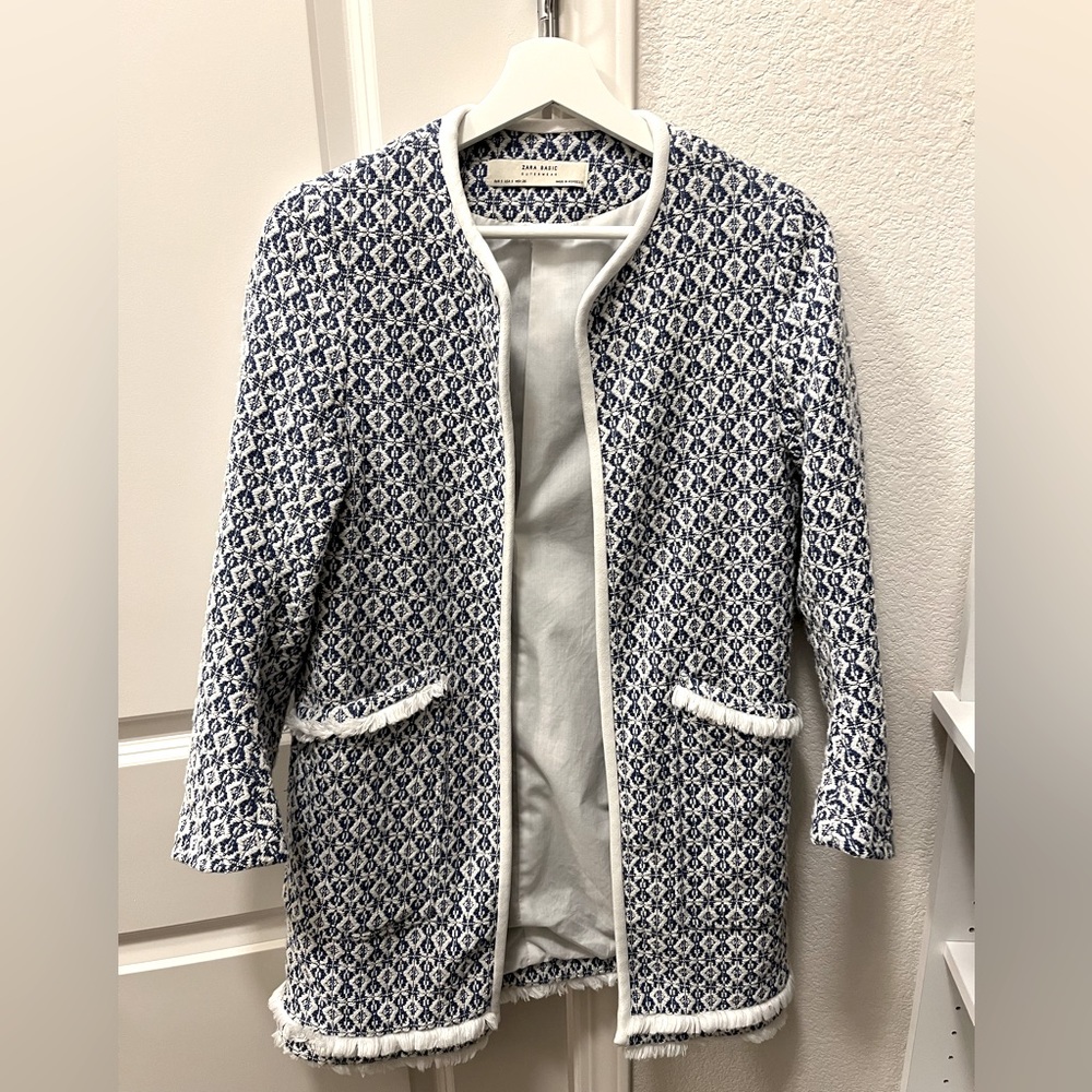 Zara Jacket, Tweed, Textured Jacket, Blue/White, Small
